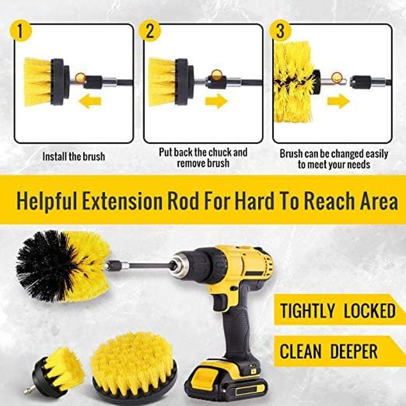 LCF 3 Pcs Drill Brush Cleaner Attachments Set Multi-Purpose Scrubber for House - Ideal for Crevices, Car Seats, Rims, Bathroom, Kitchen, Tiles Cleaning (Yellow)