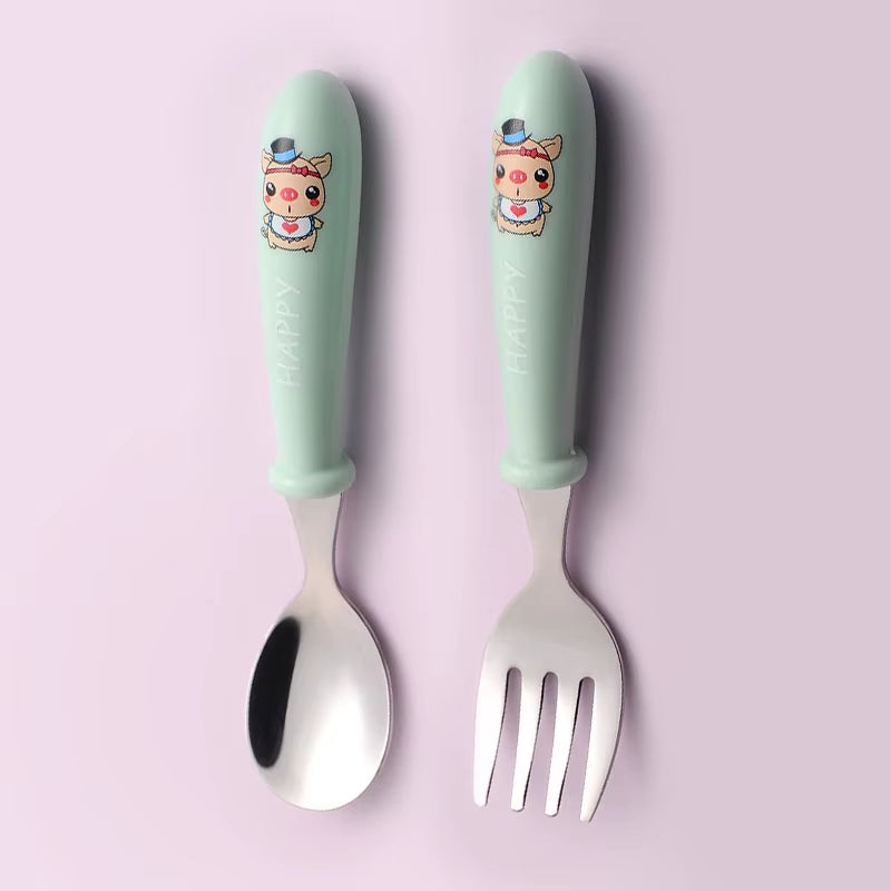 Baby Gadgets Tableware Set Children Utensil Stainless Steel Toddler Dinnerware Cutlery Cartoon Infant Food Feeding Spoon Fork