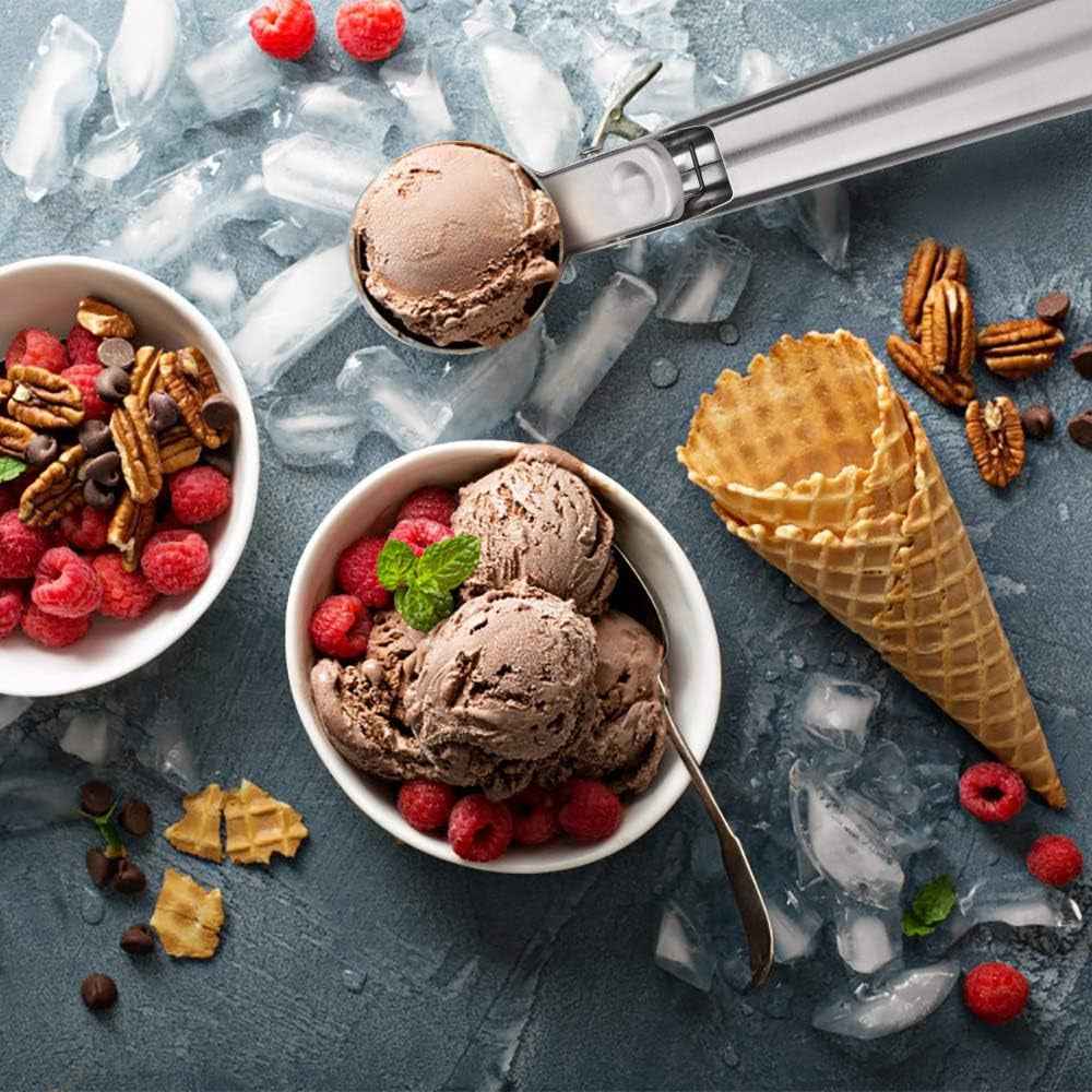 Premium Ice Cream Scoop with Trigger Ice Cream Scooper Stainless Steel, Heavy Duty Metal Icecream Scoop Spoon Dishwasher Safe, Perfect for Frozen Yogurt, Gelatos, Sundaes, Medium Silver