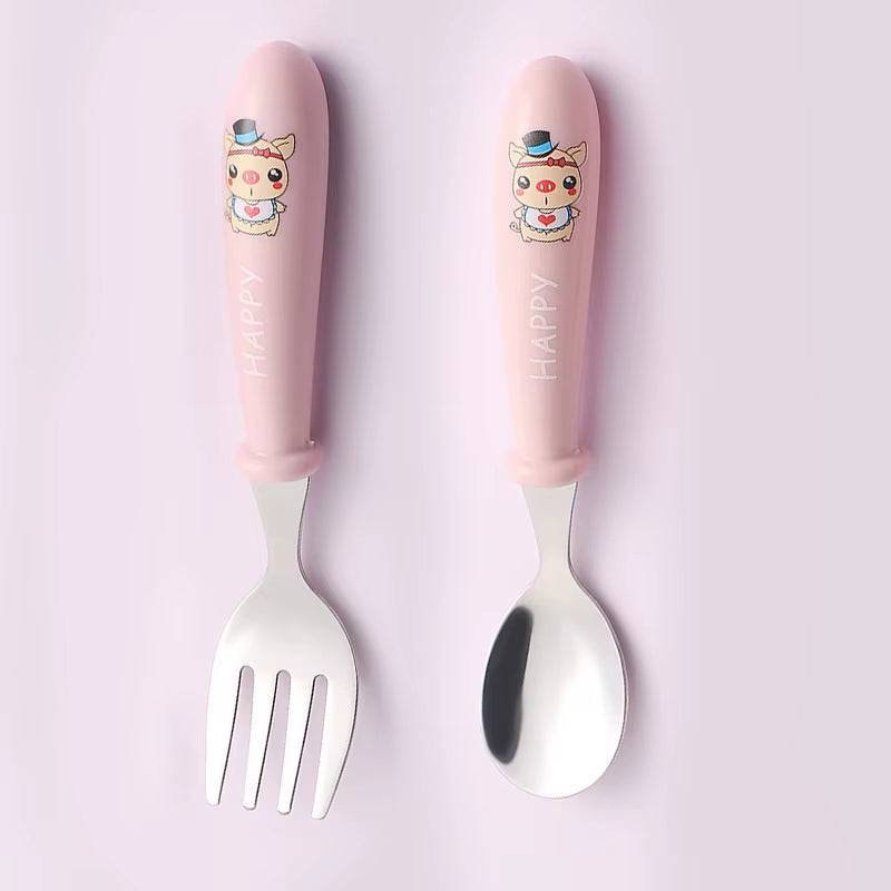Baby Gadgets Tableware Set Children Utensil Stainless Steel Toddler Dinnerware Cutlery Cartoon Infant Food Feeding Spoon Fork