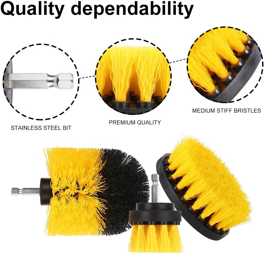 LCF 3 Pcs Drill Brush Cleaner Attachments Set Multi-Purpose Scrubber for House - Ideal for Crevices, Car Seats, Rims, Bathroom, Kitchen, Tiles Cleaning (Yellow)